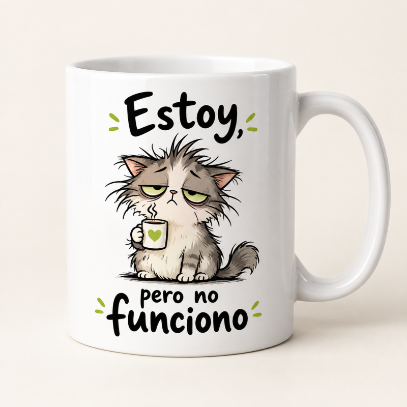 Imagen de muestra: taza blanca con un gatito somnoliento y la frase Estoy, pero no funciono.