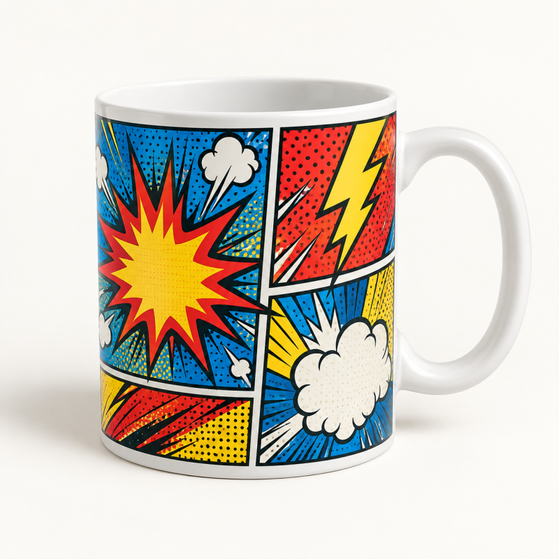 Simulación de taza blanca con diseño de viñetas estilo cómic en rojo, amarillo y azul.