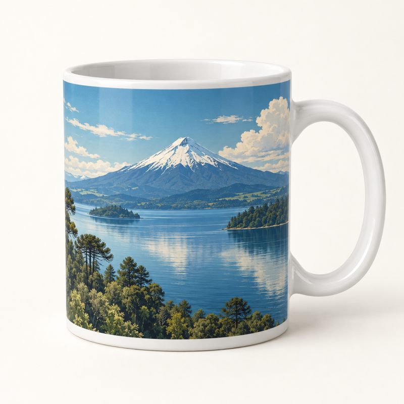 Imagen de muestra: taza blanca con ilustración de un volcán nevado y un lago, inspirada en Osorno y Llanquihue.